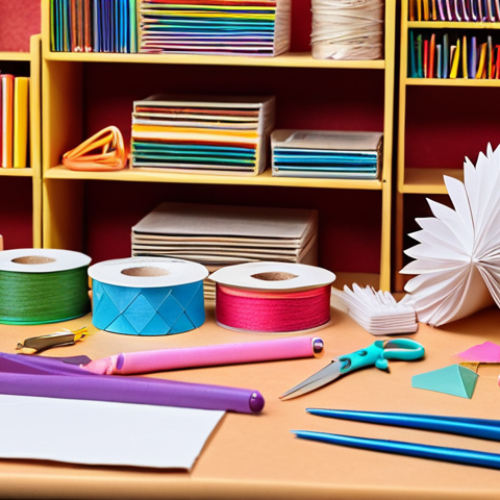 Home 15 **Image Prompt:** A brightly lit crafting table cluttered with various paper art supplies. Include colorful paper stacks, quilling tools, scissors, glue sticks, and a finished origami crane resting amongst the materials. The background should be a cozy, inviting crafting space.