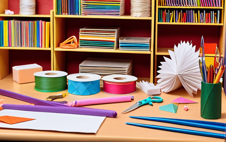 **Image Prompt:** A brightly lit crafting table cluttered with various paper art supplies. Include colorful paper stacks, quilling tools, scissors, glue sticks, and a finished origami crane resting amongst the materials. The background should be a cozy, inviting crafting space.