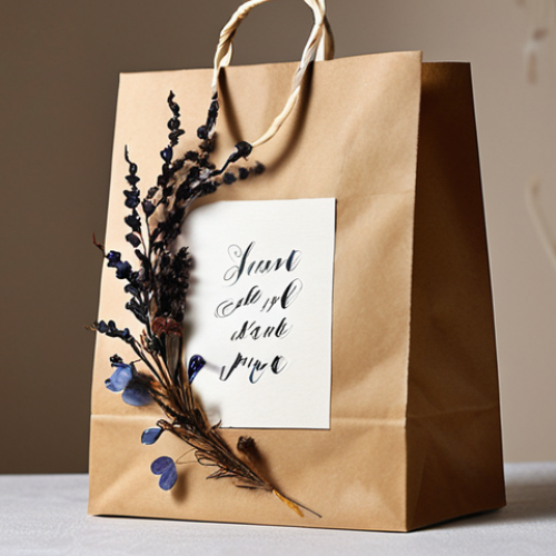 Home 14 **
A close-up shot of a handcrafted paper bag decorated with a dried flower herbarium and elegant calligraphy lettering. Focus on the delicate details of the flowers and the flowing lines of the calligraphy. The background should be soft and blurred to highlight the artistry of the bag.
**
