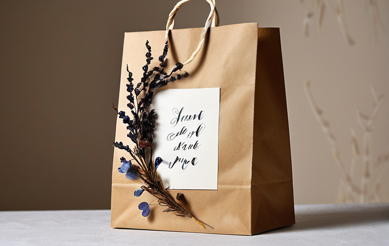 **
A close-up shot of a handcrafted paper bag decorated with a dried flower herbarium and elegant calligraphy lettering. Focus on the delicate details of the flowers and the flowing lines of the calligraphy. The background should be soft and blurred to highlight the artistry of the bag.
**