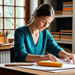 A skilled female paper artist, fully clothed in modest, comfortable studio attire, deeply focused on meticulously folding and shaping a complex paper sculpture on a wooden desk. Her well-formed hands, with proper finger count, delicately manipulate a vibrant sheet of paper, transforming it into an intricate, three-dimensional form. The background features a serene, sunlit art studio with shelves displaying various rolls of colorful paper and essential tools like a model knife and a cutting mat. The scene captures the meditative process of creation, emphasizing precision and artistic concentration. Natural pose, perfect anatomy, correct proportions, professional photography, high quality, safe for work, appropriate content, family-friendly.