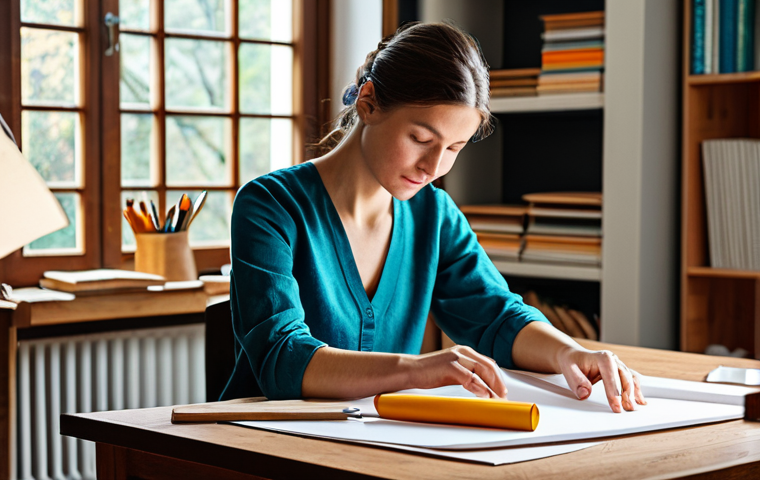 A skilled female paper artist, fully clothed in modest, comfortable studio attire, deeply focused on meticulously folding and shaping a complex paper sculpture on a wooden desk. Her well-formed hands, with proper finger count, delicately manipulate a vibrant sheet of paper, transforming it into an intricate, three-dimensional form. The background features a serene, sunlit art studio with shelves displaying various rolls of colorful paper and essential tools like a model knife and a cutting mat. The scene captures the meditative process of creation, emphasizing precision and artistic concentration. Natural pose, perfect anatomy, correct proportions, professional photography, high quality, safe for work, appropriate content, family-friendly.