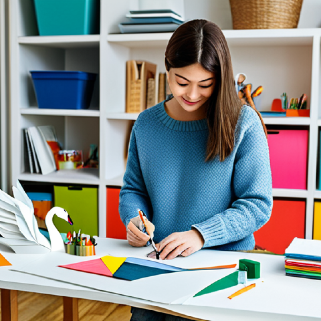 Paper Art Studio**

"A bright and airy studio space filled with colorful paper art supplies, various tools like scissors, craft knives, and glue, and finished paper art pieces displayed on shelves. A woman wearing a comfortable sweater and jeans is working on a modular origami swan. The scene should convey creativity and craftsmanship, safe for work, appropriate content, fully clothed, professional photography, perfect anatomy, natural proportions, modest attire, family-friendly."

**