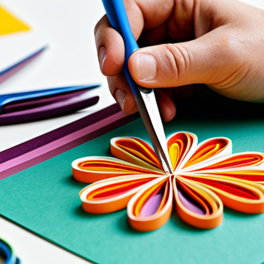 Quilling for Beginners**

A close-up shot of hands working on a quilling project. Brightly colored paper strips are being carefully rolled and glued to create a floral design on a greeting card. The background is a clean, well-lit workspace with various quilling tools visible (quilling tool, scissors, glue). Emphasis on detail and vibrant colors. "Safe for work," "appropriate content," "family-friendly," "fully clothed," "professional," "perfect anatomy (of hands)," "correct proportions," "natural pose."

**