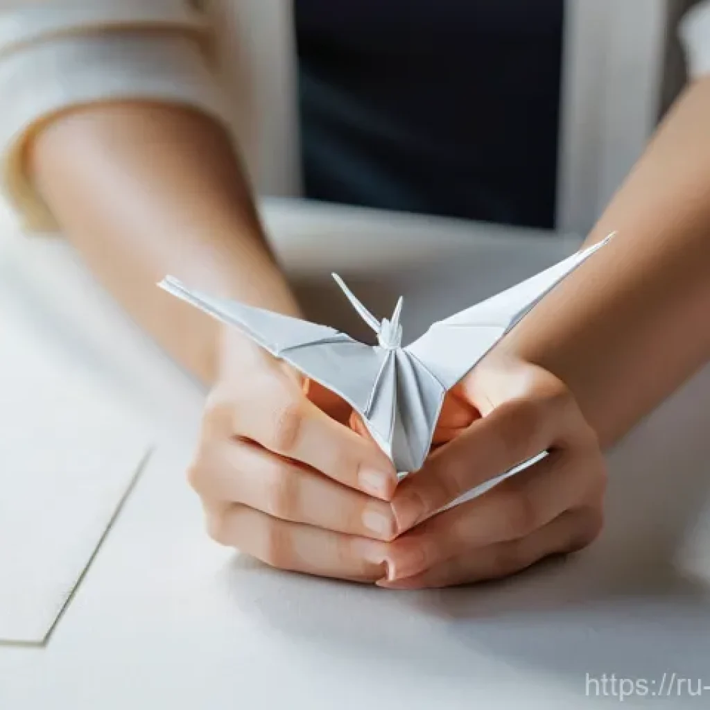 종이접기 오리가미  기술 - The Meditative Art of Origami**
A close-up, warm-toned photograph capturing a woman's hands, aged 25...
