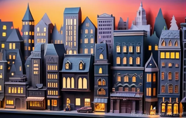 종이로 만드는 미니어쳐 - **Intricate Papercraft Workspace:** A close-up, eye-level shot of a pair of skilled hands (clean, we...