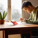 종이접기 기법 튜토리얼 - **Prompt:** A serene and focused adult, approximately 35-40 years old, with subtle Slavic facial fea...