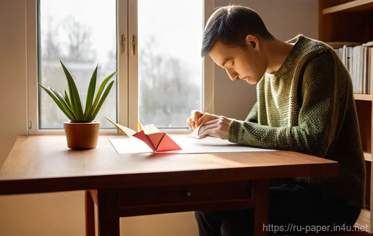 종이접기 기법 튜토리얼 - **Prompt:** A serene and focused adult, approximately 35-40 years old, with subtle Slavic facial fea...