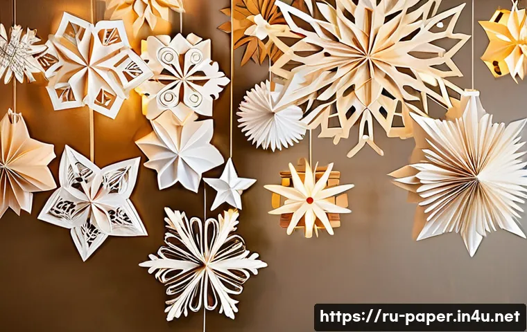 종이로 만든 크리스마스 장식 - **Prompt:** A cozy, warm-lit interior room, adorned with exquisite handmade 3D paper snowflakes and ...