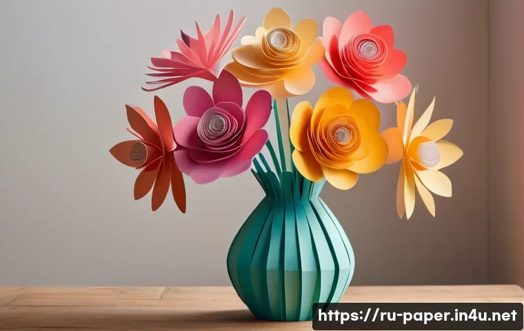 페이퍼 아트 아이디어 - A detailed 3D paper sculpture of a vibrant bouquet of flowers made from various textured papers, fea...