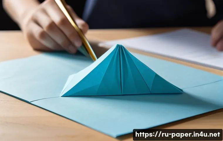 페이퍼 아트 테크닉 - A detailed close-up of an origami workspace featuring thin, durable office paper sheets in soft matt...