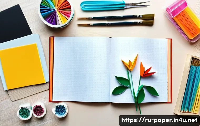 종이공예 아티스트 경력 - A detailed scene of a creative workspace dedicated to paper crafts in a bright Russian art studio, s...