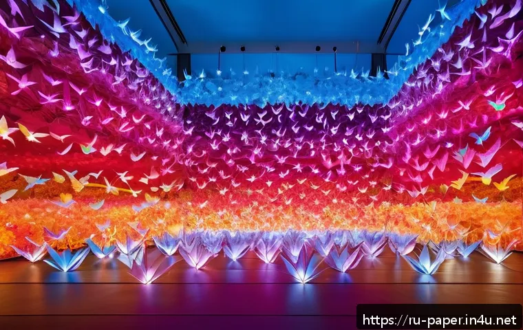 종이로 만든 예술 작품 전시 - A large-scale paper installation filling an exhibition room with delicate, intricately folded origam...