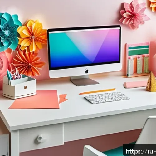 종이공예로 만드는 책상 소품 - A bright, well-lit modern office desk featuring colorful, thick paper decorations arranged neatly ar...