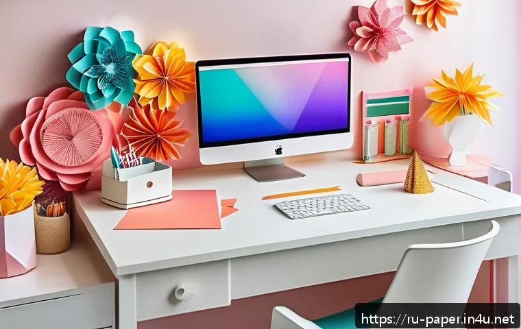종이공예로 만드는 책상 소품 - A bright, well-lit modern office desk featuring colorful, thick paper decorations arranged neatly ar...