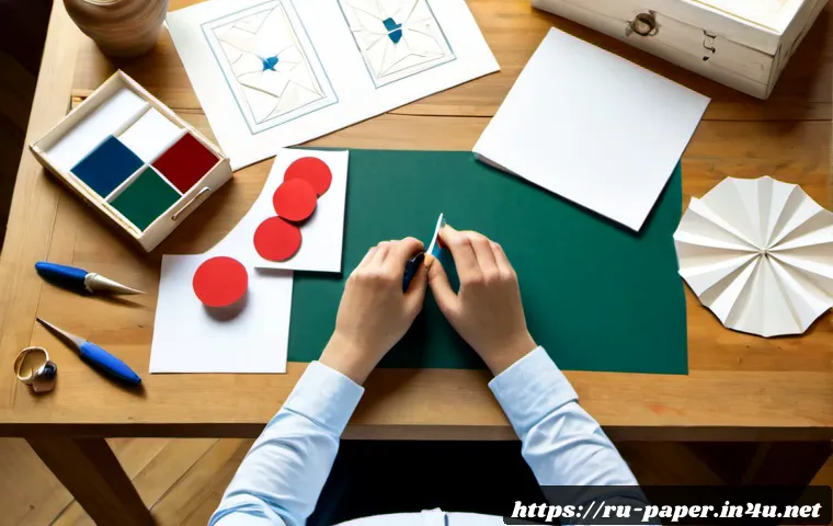 Home 17 종이공예 디자인의 방향 - Photorealistic overhead view of a Russian-inspired paper craft design workspace, a skilled adult art...