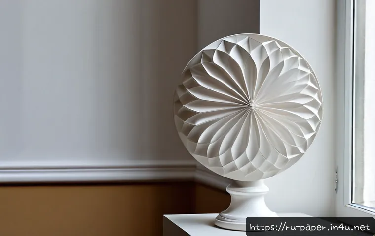 종이예술 작품 분석 - Photorealistic museum-style analysis scene of an intricate white paper sculpture with layered geomet...