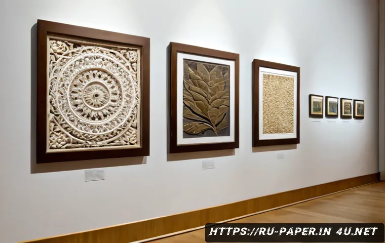 종이 아트 작품 전시 방법 - Photorealistic gallery display of intricate handmade paper art mounted in deep white shadow-box fram...