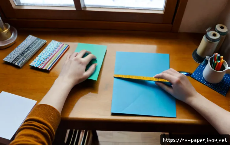 Home 17 종이공예 팁과 트릭 - Photorealistic overhead view of a tidy craft desk in a cozy Russian apartment, adult hands carefully...